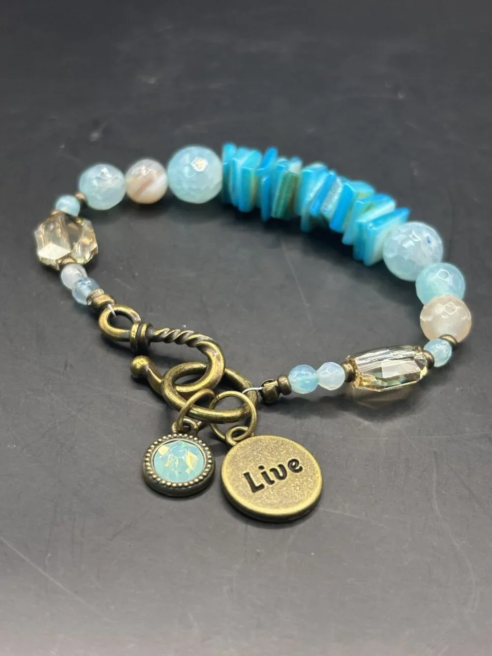 Live Charm Bracelet with Swarovski Crystal • Shell Beads • Faceted Agate • Handm